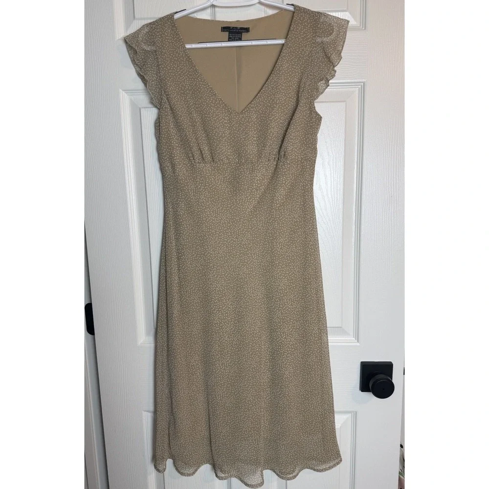 Vintage 90s Y2K FLP Beige Polka Dot Empire Waist Chiffon Prairie Midi Dress 8